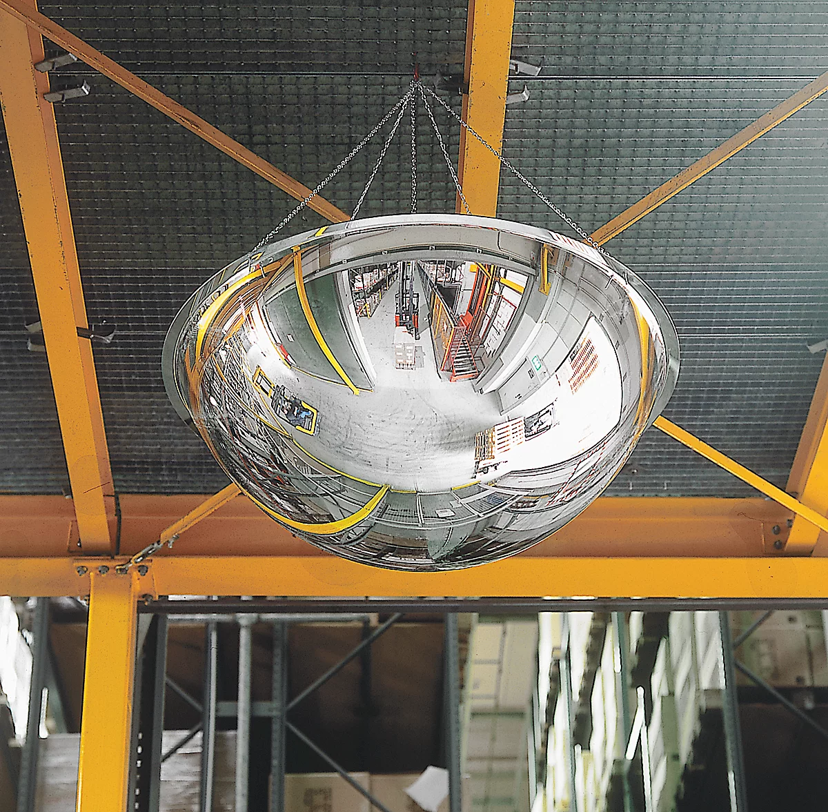 Espejo de observación, para montaje en el techo en interiores, Ø 1250 mm, distancia de observación 8 m, semiesfera, vista panorámica de 360°, vidrio acrílico, plata