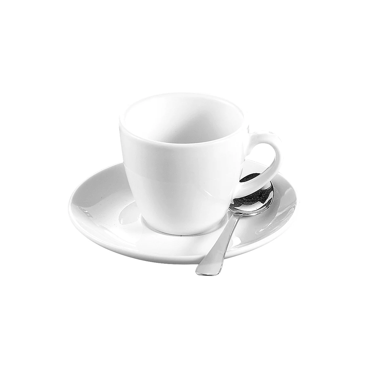 White coffee cup on a saucer with a spoon. Ceramic with smooth surface, simple design.