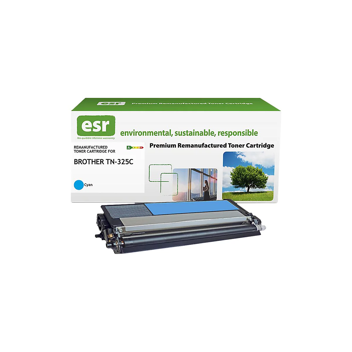 Aufnahme eines ESR-Toner-Cartridge-Pakets und einer Cyan-Tonerkartusche. Auf der Verpackung steht: „Umweltfreundlich, nachhaltig, verantwortungsvoll. Brother TN-325C. Cyan“