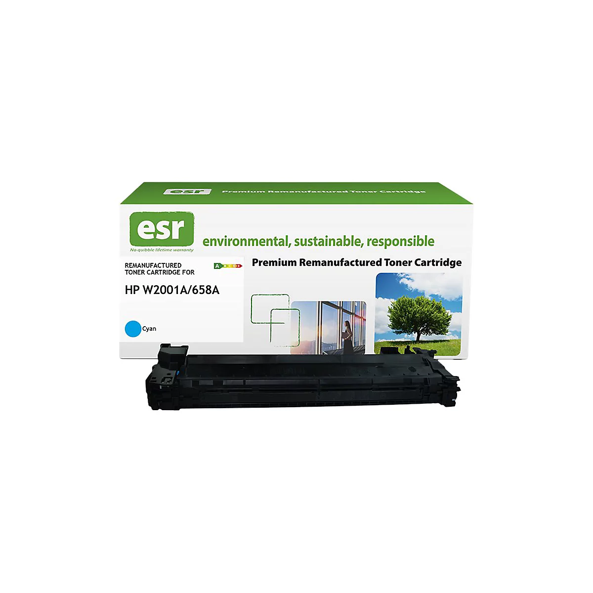 Schwarze Tonerkartusche vor ESR-Verpackung. Auf der Verpackung steht 'environmental, sustainable, responsible' und 'HP W2001A/658A'.