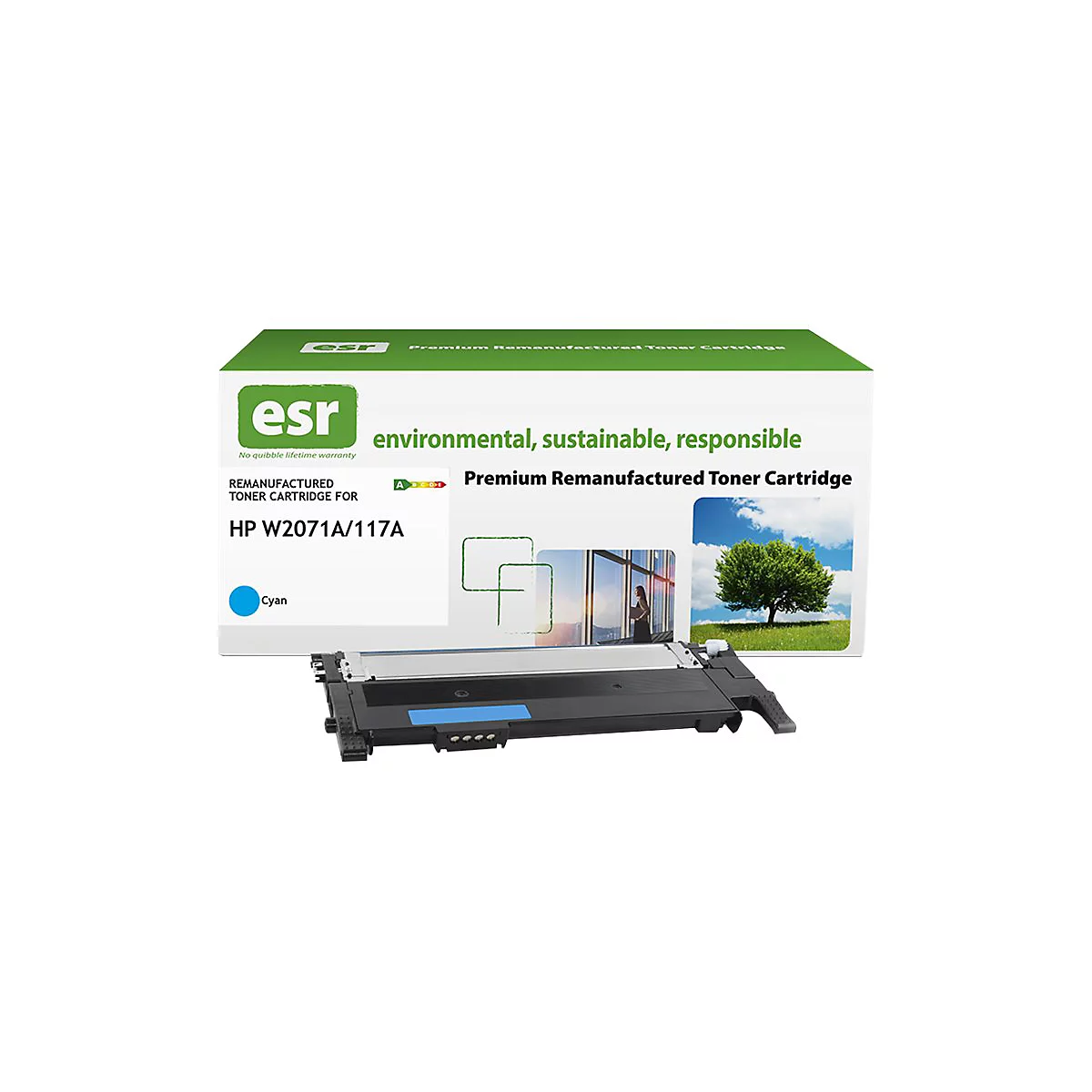 Eine Tonerkartusche mit Verpackung. Aufgedruckt sind Markenname, Produkttyp, Informationen, und die Farbe Cyan.