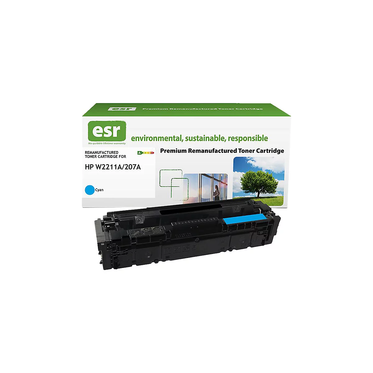 Ein Toner-Set für HP W2211A/207A. Schwarze Kartusche mit blauem Akzent, dahinter die grüne Verpackung mit Text.