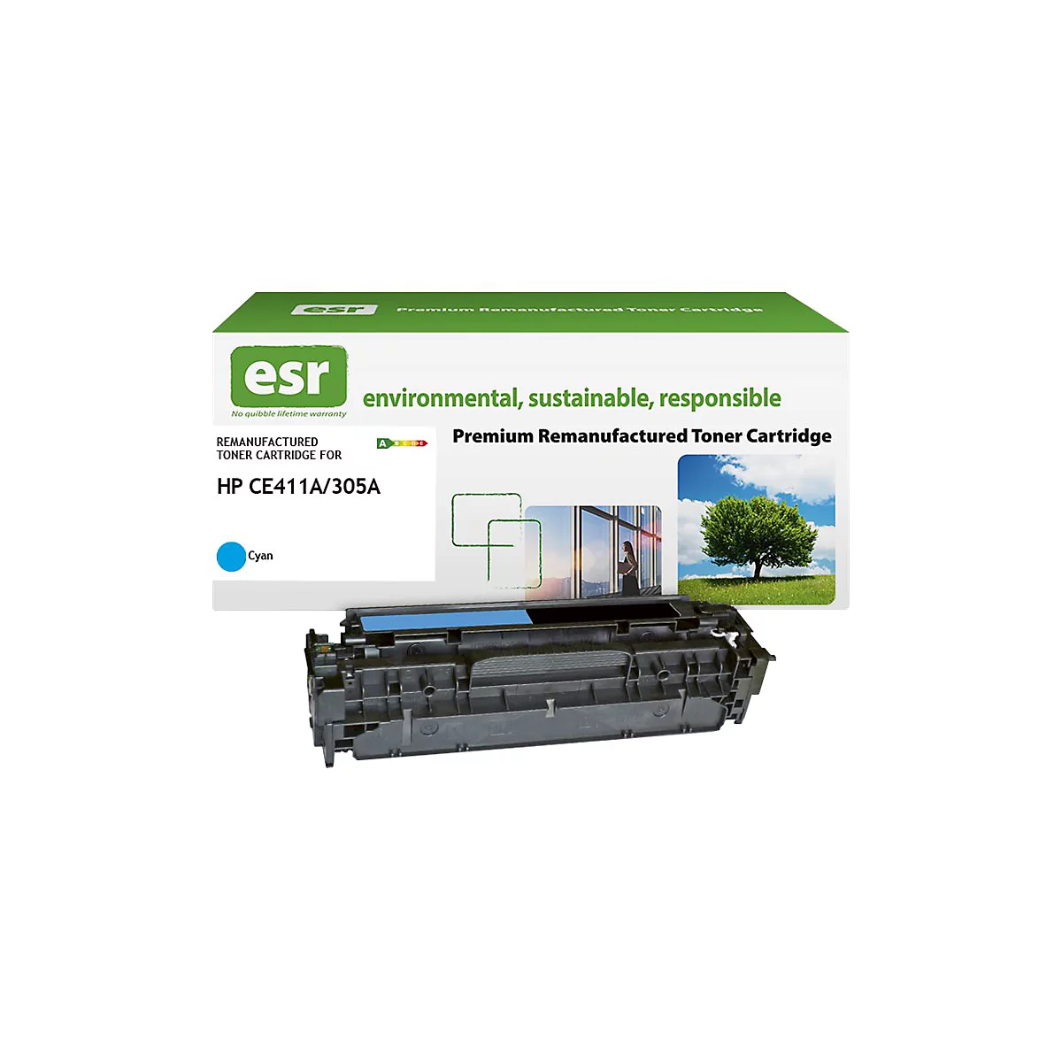 Tonerpatrone mit Verpackung. Aufschrift: Remanufactured Toner Cartridge for HP CE411A/305A, Cyan. Auf der Verpackung: environmental, sustainable, responsible.