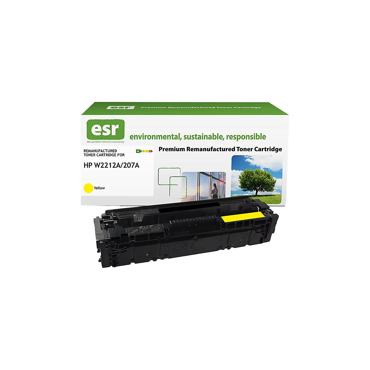 Toner-Kartusche mit gelben Farbakzenten und Produktverpackung, mit Schriftzügen. Aufschrift: "Premium Remanufactured Toner Cartridge für HP W2212A/207A".