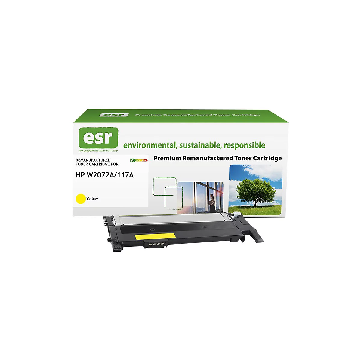 Eine gelbe Tonerkartusche mit Schriftzug 'esr' und 'Premium Remanufactured Toner Cartridge'.
