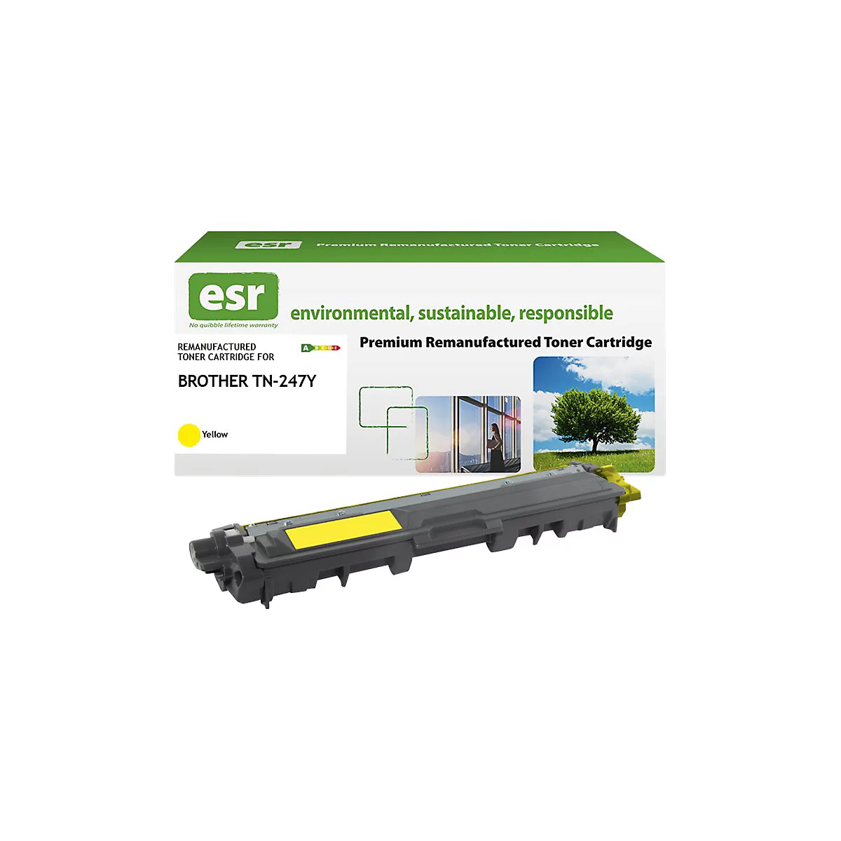 Gelbe Toner-Kartusche für Brother TN-247Y, neben der Produktverpackung mit Text: "Environmental, sustainable, responsible".