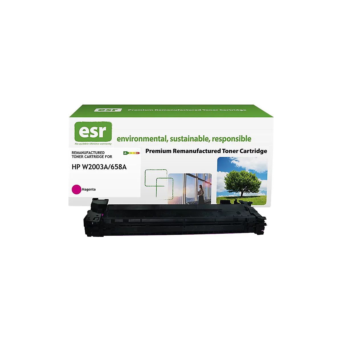 ESR Tonerpatrone für HP W2003A/658A. Schwarze Patrone mit grüner Verpackung. Aufschrift: "environmental, sustainable, responsible".