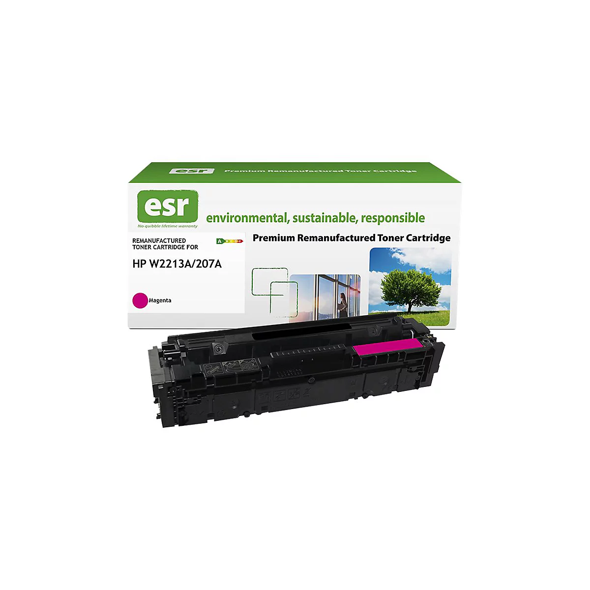Toner Cartridge, Verpackung mit Text: "environmental, sustainable, responsible". Darunter ein Baum, eine Bürofrau, und blauer Himmel. Der Cartridge zeigt Magenta-Farbe.