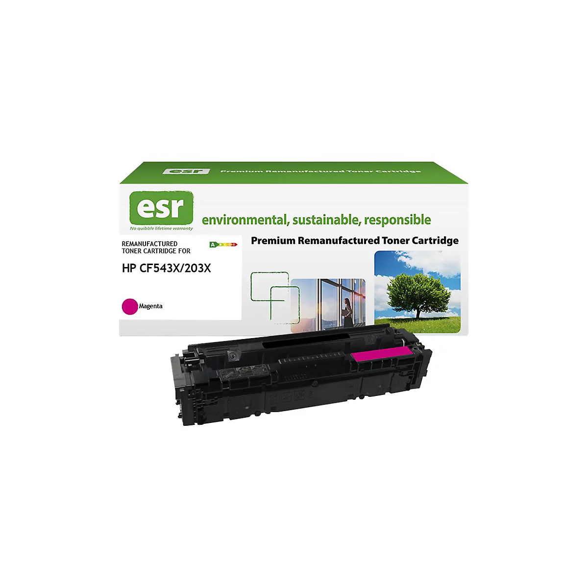 Schwarzer Tonerkartusche mit Magenta-Akzent und Verpackung. Aufdruck: esr, Premium Remanufactured Toner Cartridge, environmental, sustainable, responsible. Auf der Packung: HP CF543X/203X.