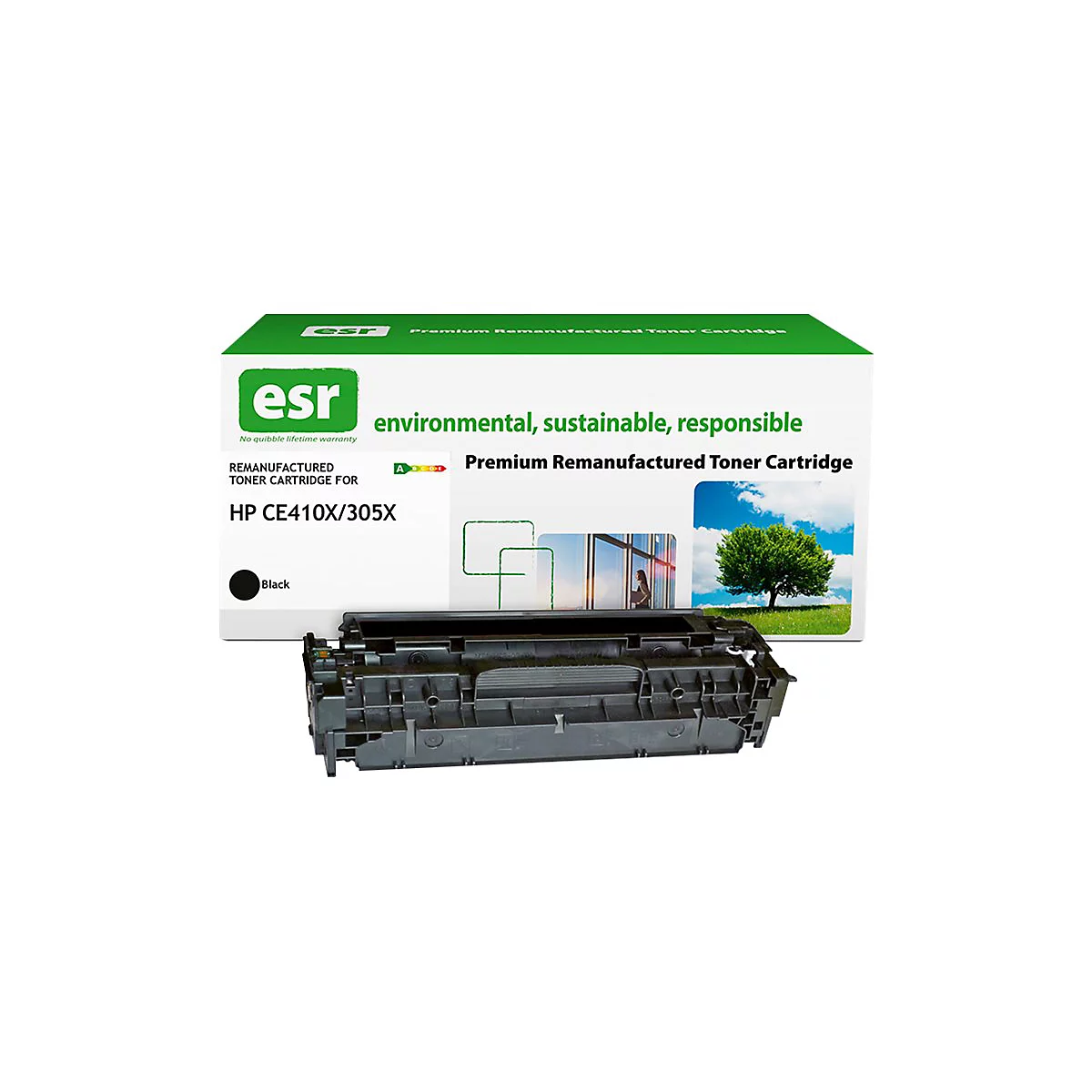 Eine schwarze Tonerkartusche mit einer weißen Verpackung, auf der 'esr' steht. Text: HP CE410X/305X. Schwarze Tinte.