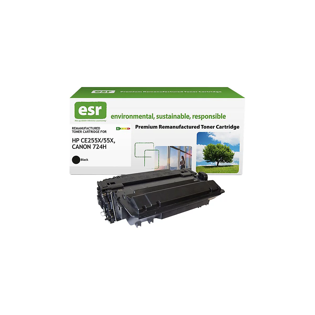 Schwarze Toner-Kartusche vor einem Karton mit Aufdrucken. Der Karton trägt die Aufschrift "esr", "Premium Remanufactured Toner Cartridge".