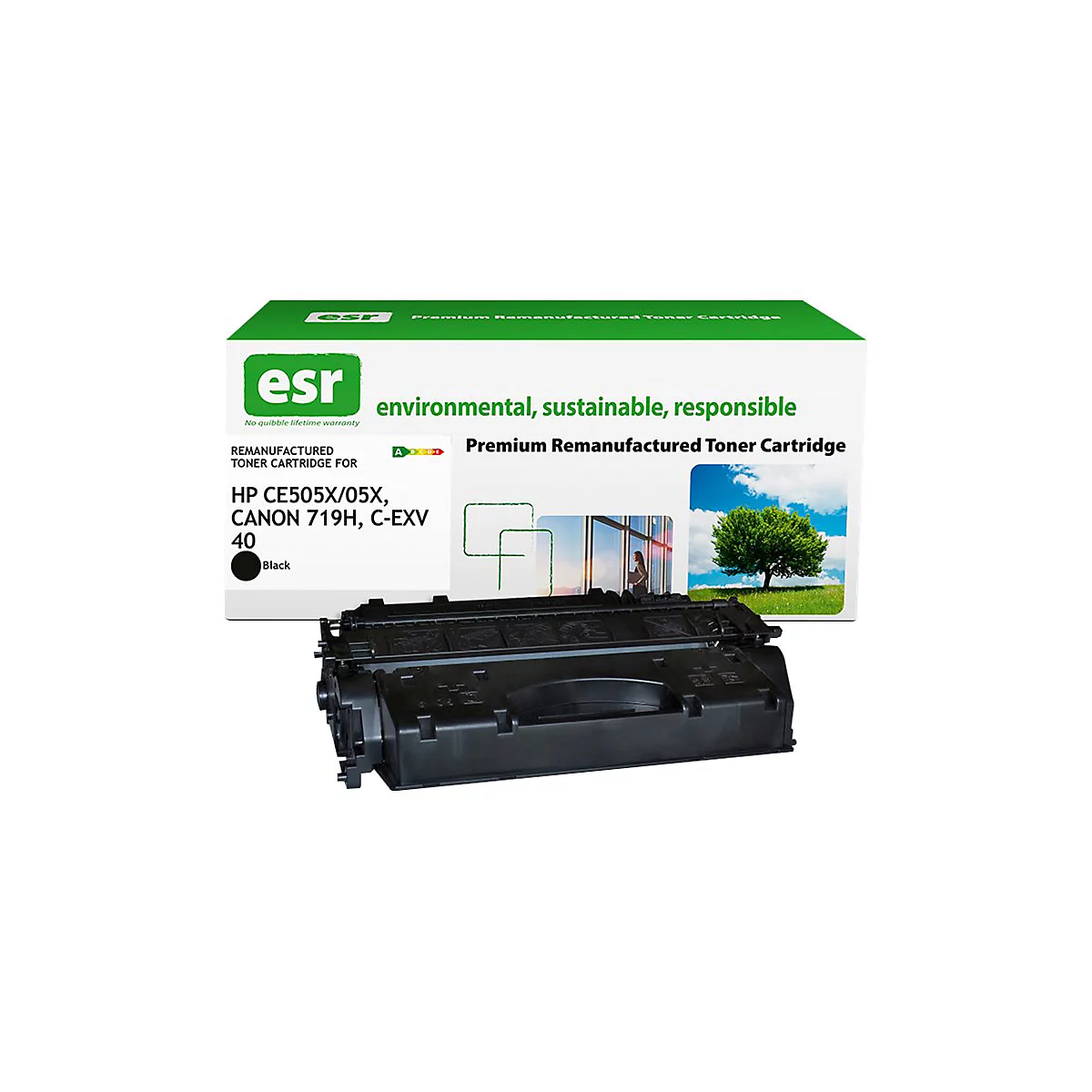 Schwarze Toner-Kartusche vor einer Verpackung mit dem Text: "environmental, sustainable, responsible".