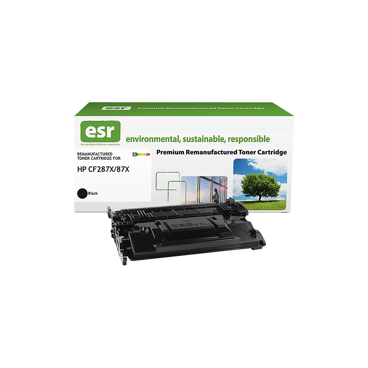 Schwarze Toner-Kartusche mit Verpackung. Verpackung mit Logo "esr" und Aufschrift "Premium Remanufactured Toner Cartridge".