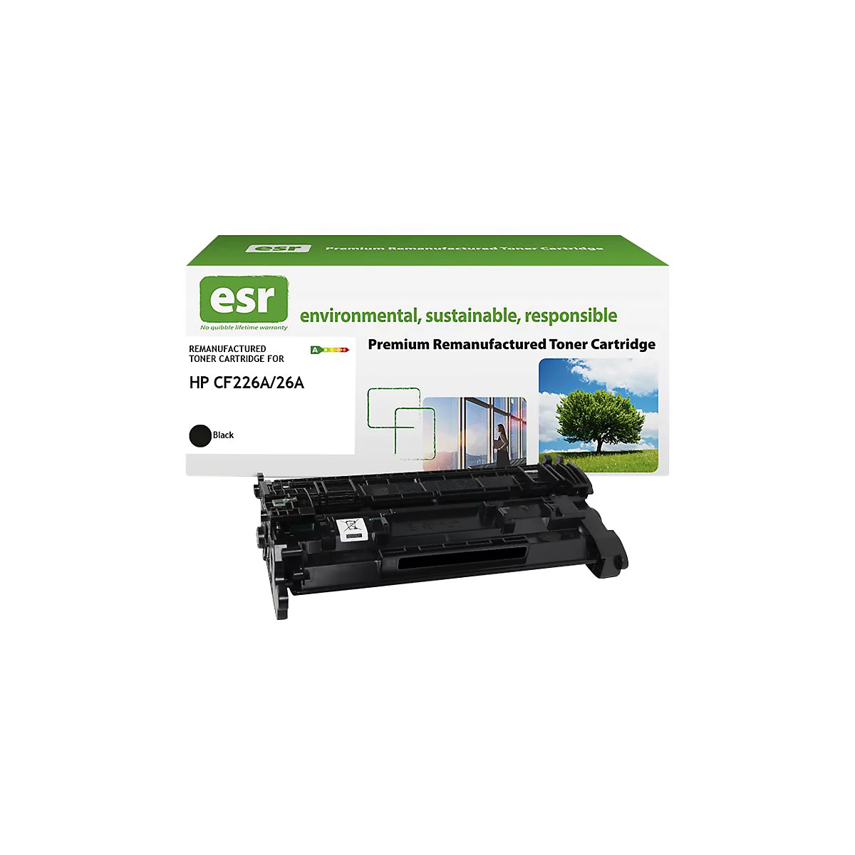 Schwarze Tonerkartusche für HP Drucker. Auf der Verpackung steht: environmental, sustainable, responsible. Mit Energieeffizienz-Logo und Baum-Illustration.