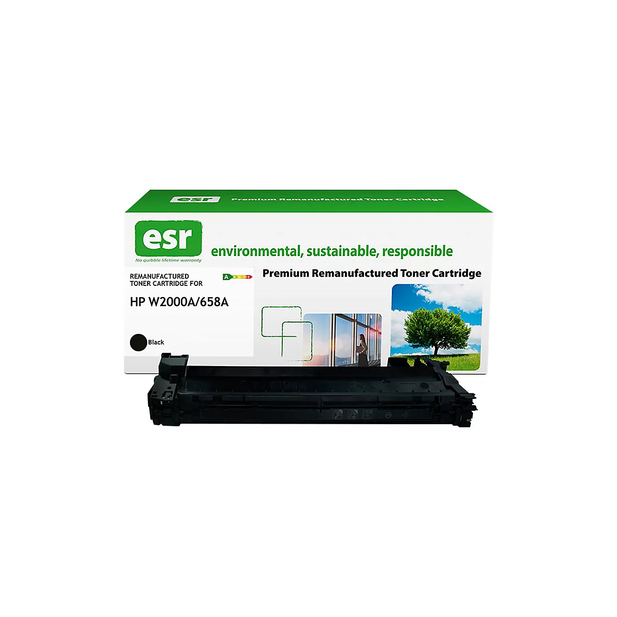 Schwarze ESR-Toner-Kartusche mit Verpackung. Aufschrift: environmental, sustainable, responsible. Im Hintergrund eine Büroszene und ein Baum.