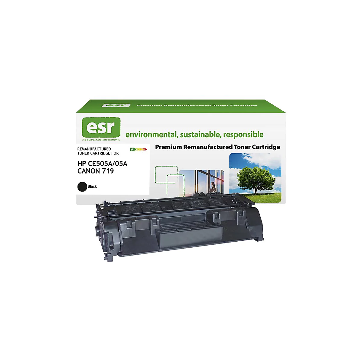 Eine schwarze Toner-Kartusche mit Produktverpackung, darauf steht 'Environmental, sustainable, responsible'.