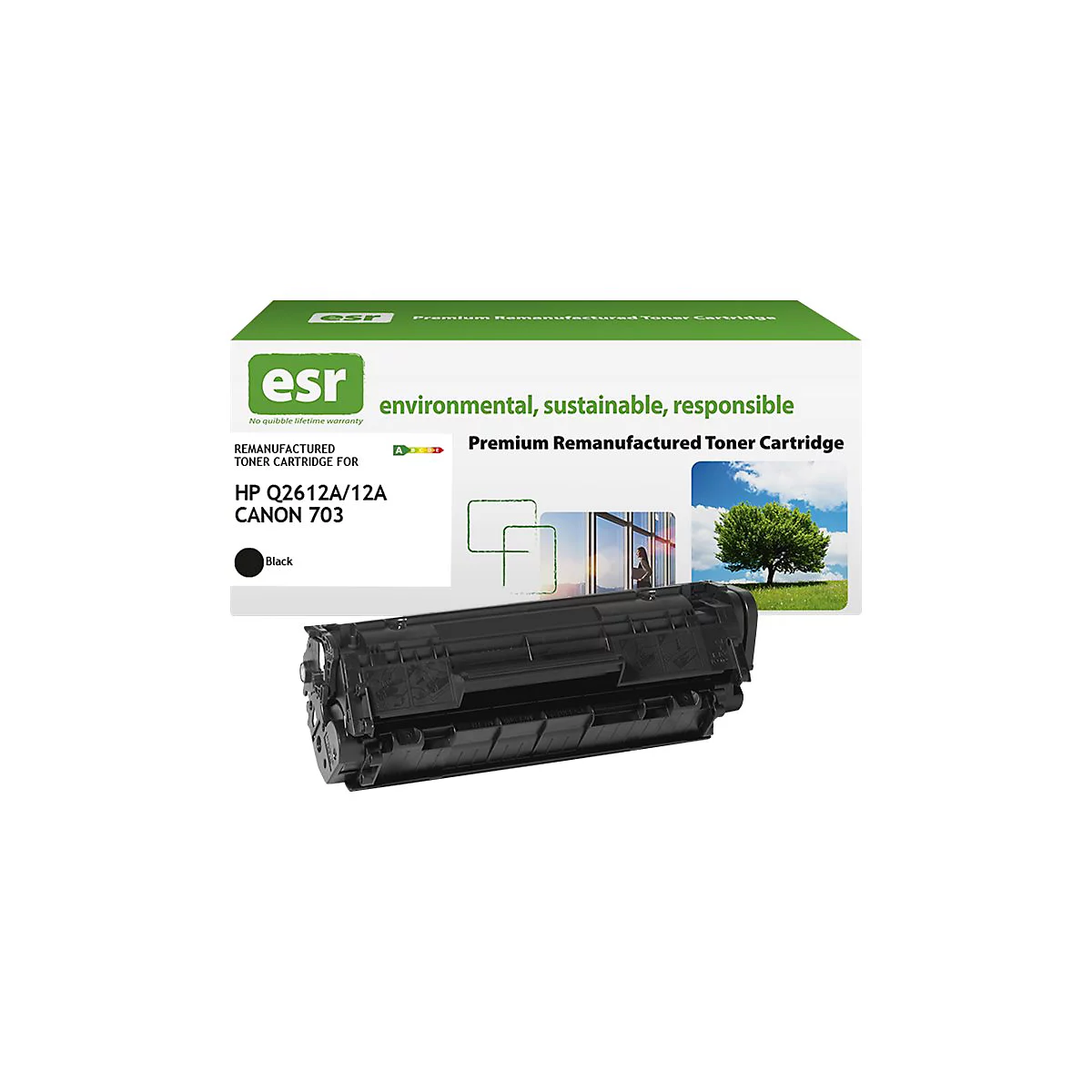 Schwarze Tonerpatrone mit Produktverpackung. Aufdruck: 'Environmental, Sustainable, Responsible' und 'HP Q2612A/12A CANON 703'.