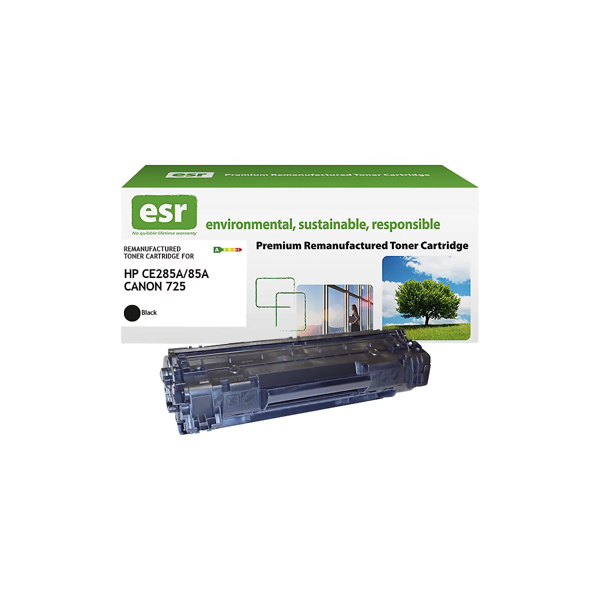Schwarze Toner-Kartusche und Verpackung. Die Box zeigt "Environmental, sustainable, responsible". Auf der Kartusche steht: "HP CE285A/85A Canon 725".