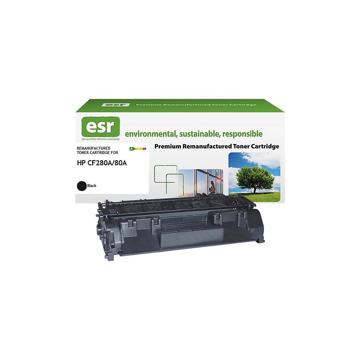Schwarze Toner-Kartusche vor einer Verpackung mit Text: Premium Remanufactured Toner Cartridge.