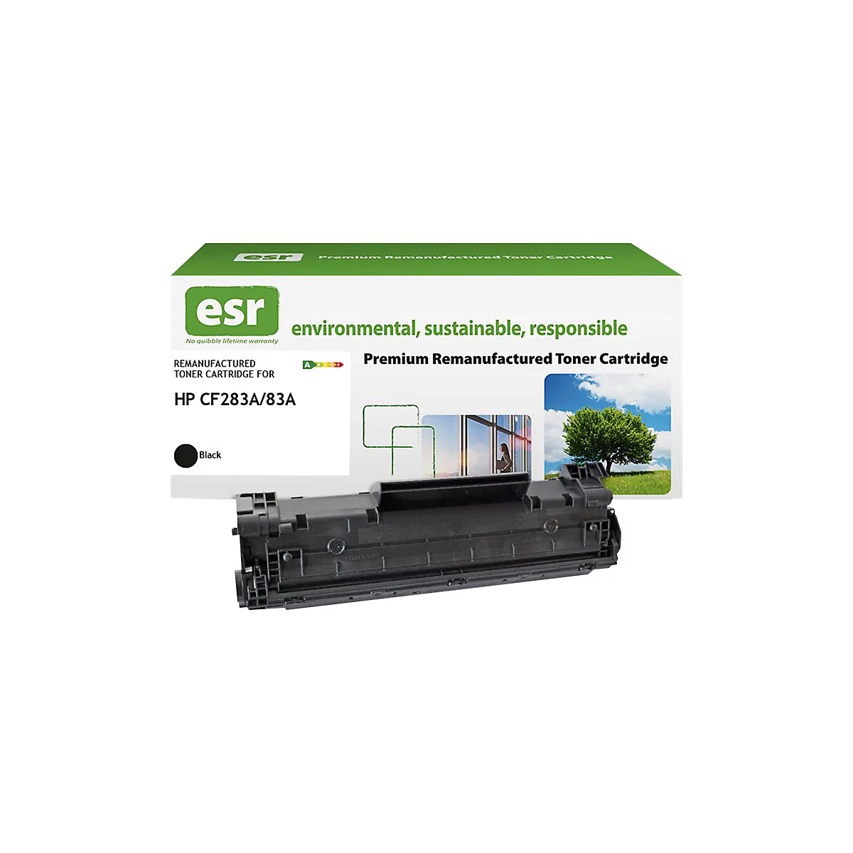 Schwarze Tonerpatrone und Karton mit Aufdruck. Aufschrift: ESR Premium Remanufactured Toner Cartridge. Model HP CF283A/83A.