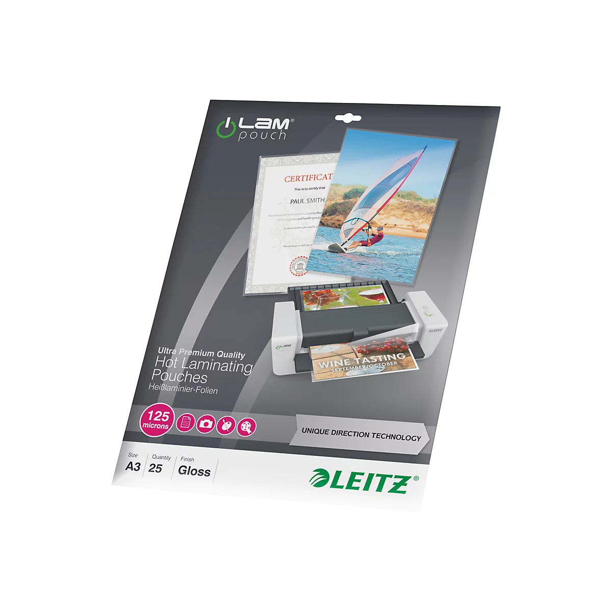 Packung mit Leitz A3 Heißlaminierfolien, 125 Mikron, 25 Stück.
