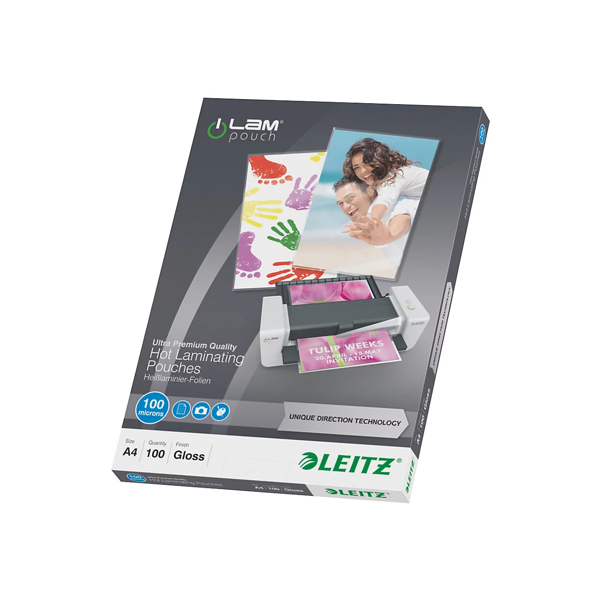 Leitz iLAM Laminierfolien-Verpackung für A4-Formate mit 100 Mikron Stärke und Glanz-Oberfläche.