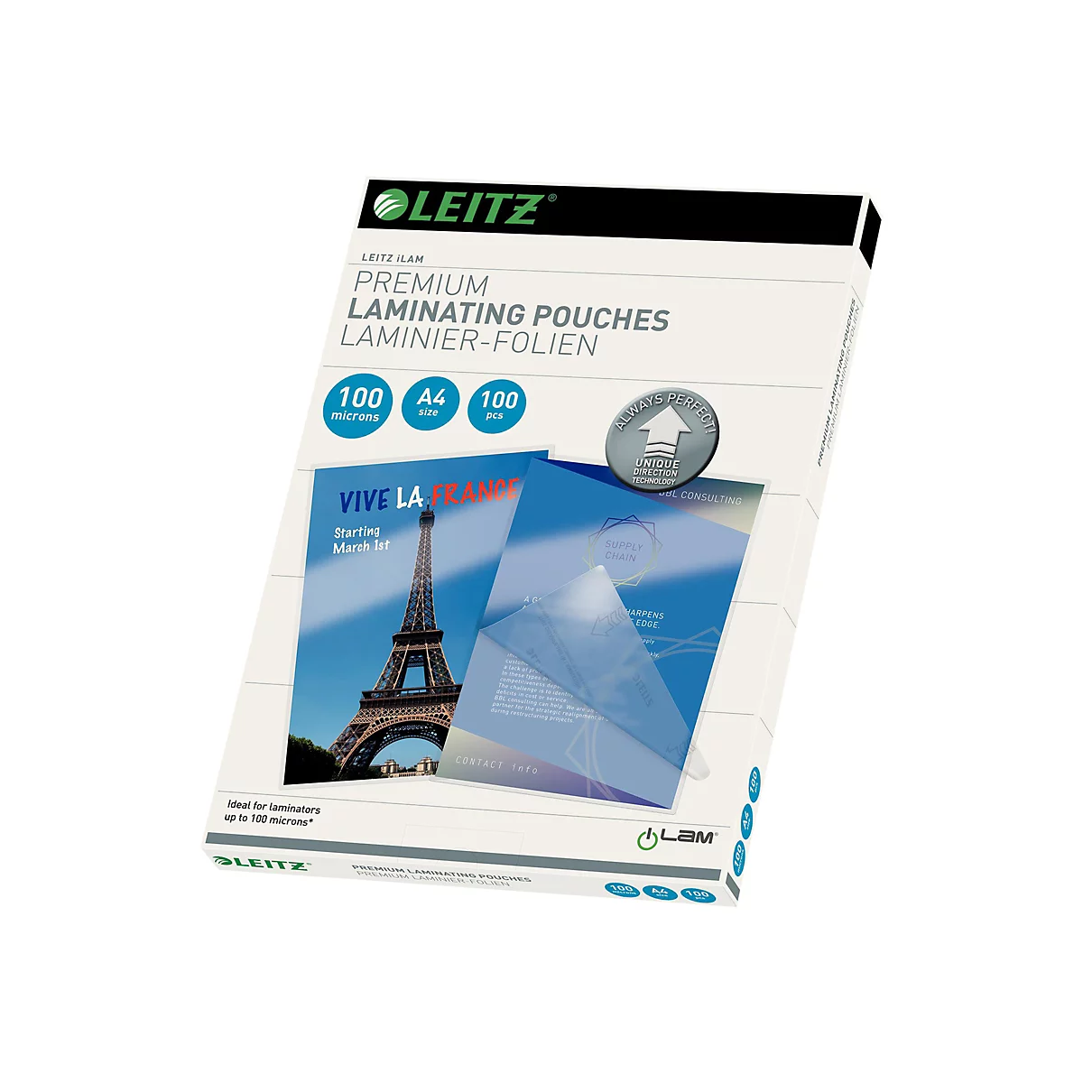 Leitz iLAM Premium Laminierfolien, A4, 100 Mikron, 100 Stück, mit Produktabbildung auf der Verpackung.
