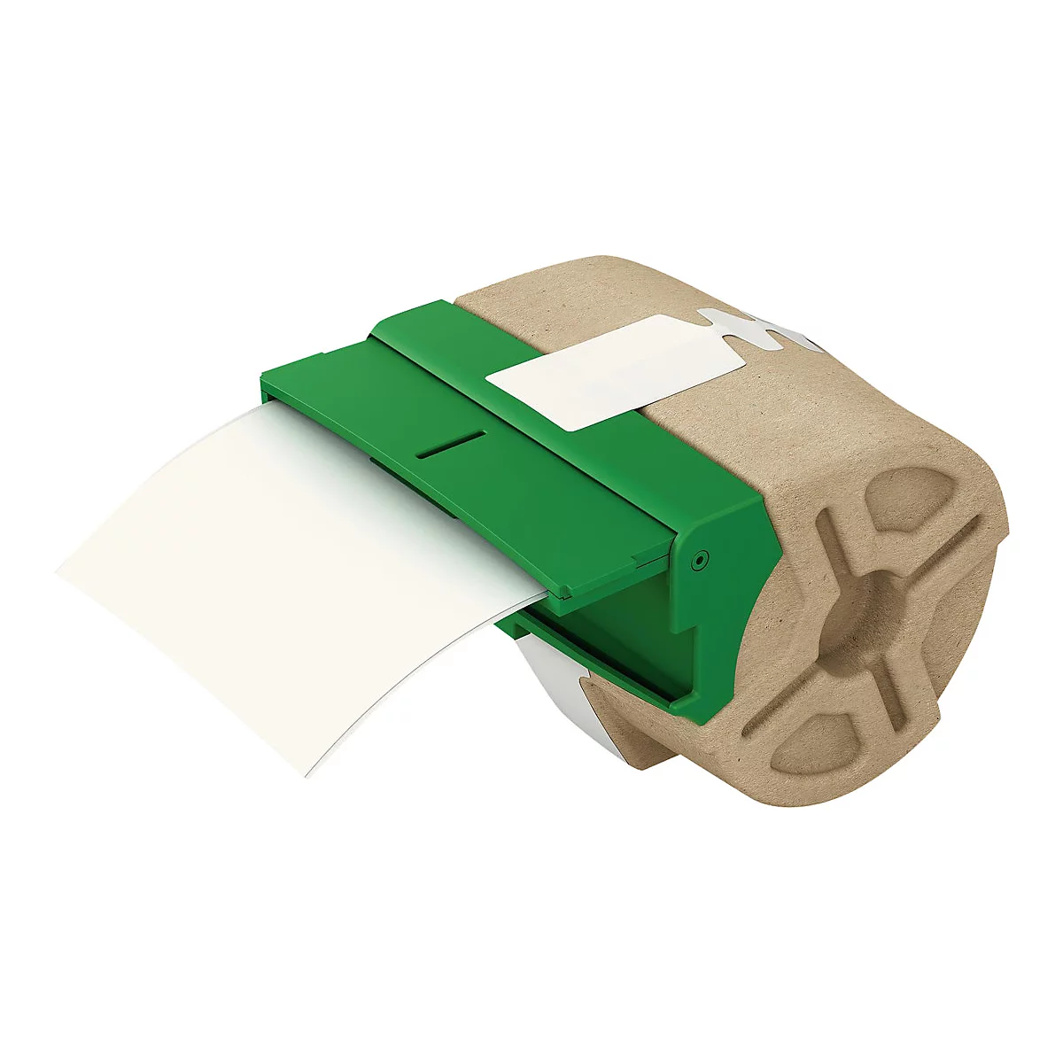 Ein grüner Handabroller für Klebeband auf einer braunen Papierrolle vor weißem Hintergrund.