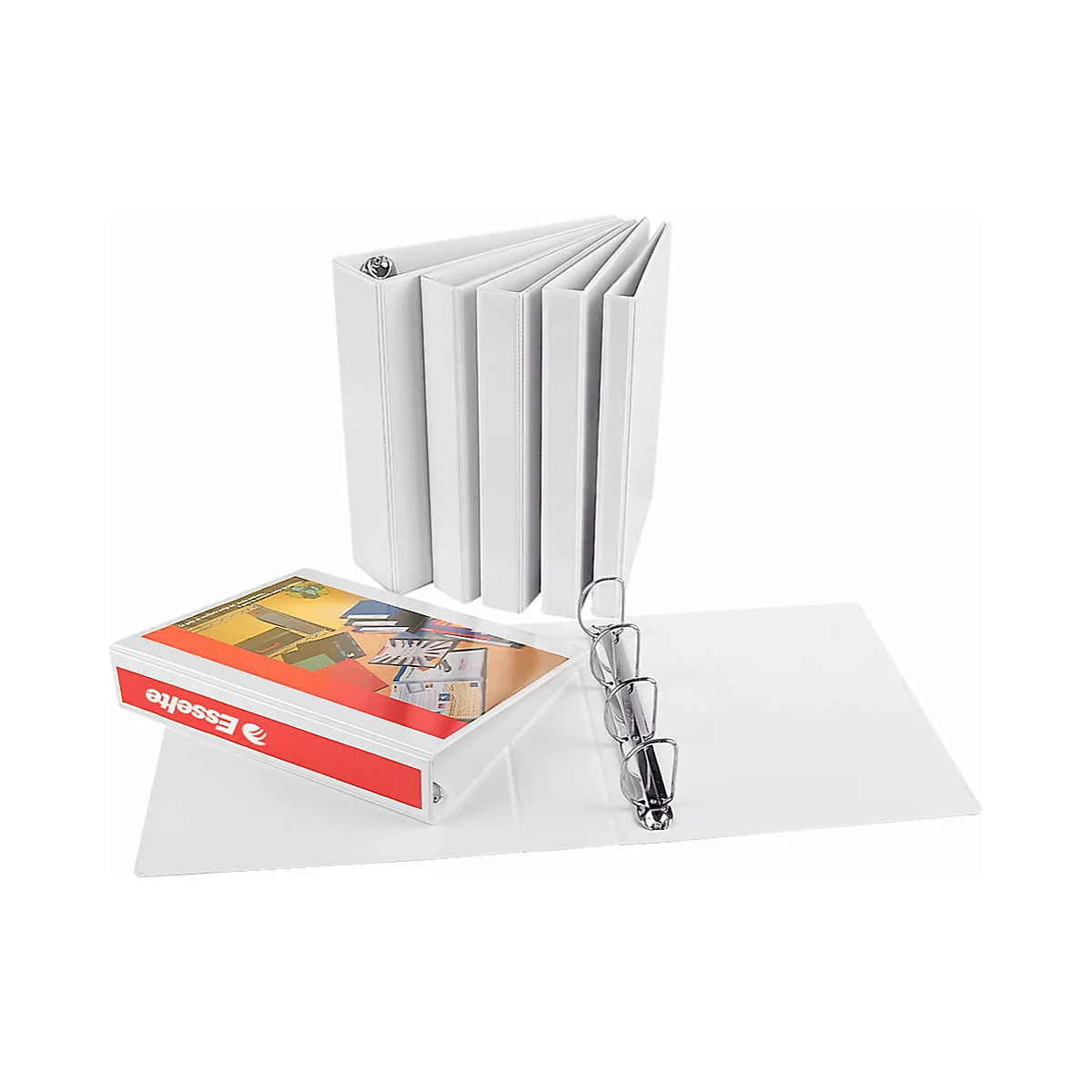 Meerdere witte ringbanden met zilveren ringen. Eén is open.