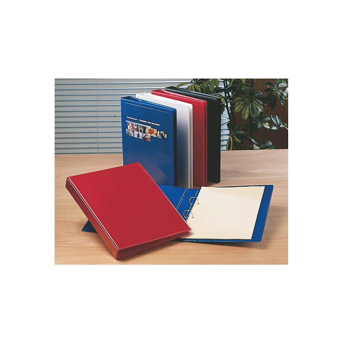 Meerdere mappen, rood, blauw, zwart, wit, staan ​​en liggen op een houten ondergrond.