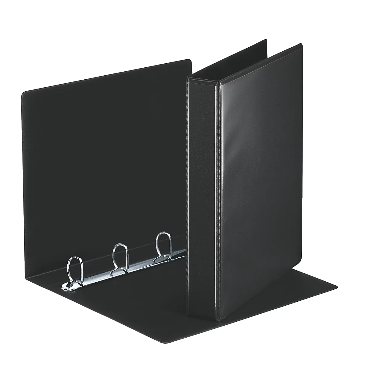 Een zwarte map, half open, met drie ringen voor het invoegen van documenten.