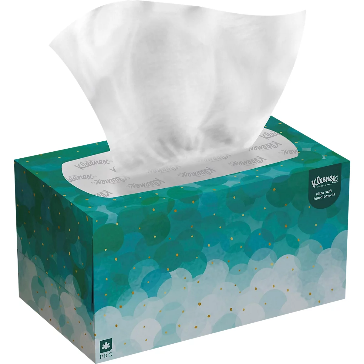 Une boîte de mouchoirs en papier Kleenex avec des mouchoirs qui sortent, devant un fond bleu-vert à pois.