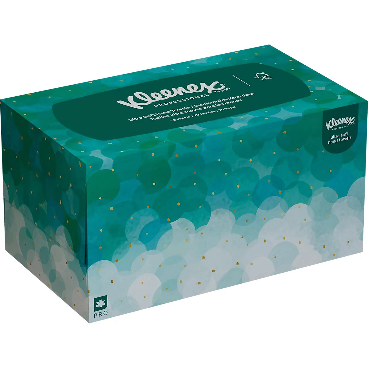 Boîte de Kleenex, verte, professionnelle, avec texte et points dorés.