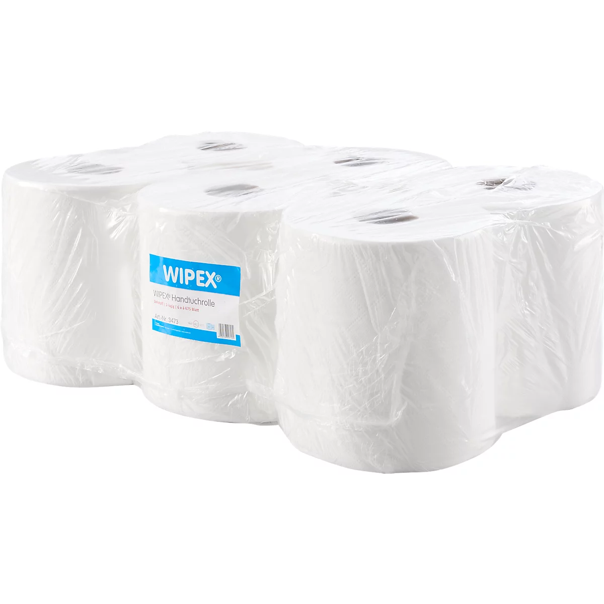 Un pack de six rouleaux de papier essuie-tout blancs dans une feuille transparente. Une étiquette bleue avec le mot WIPEX est attachée à un rouleau.
