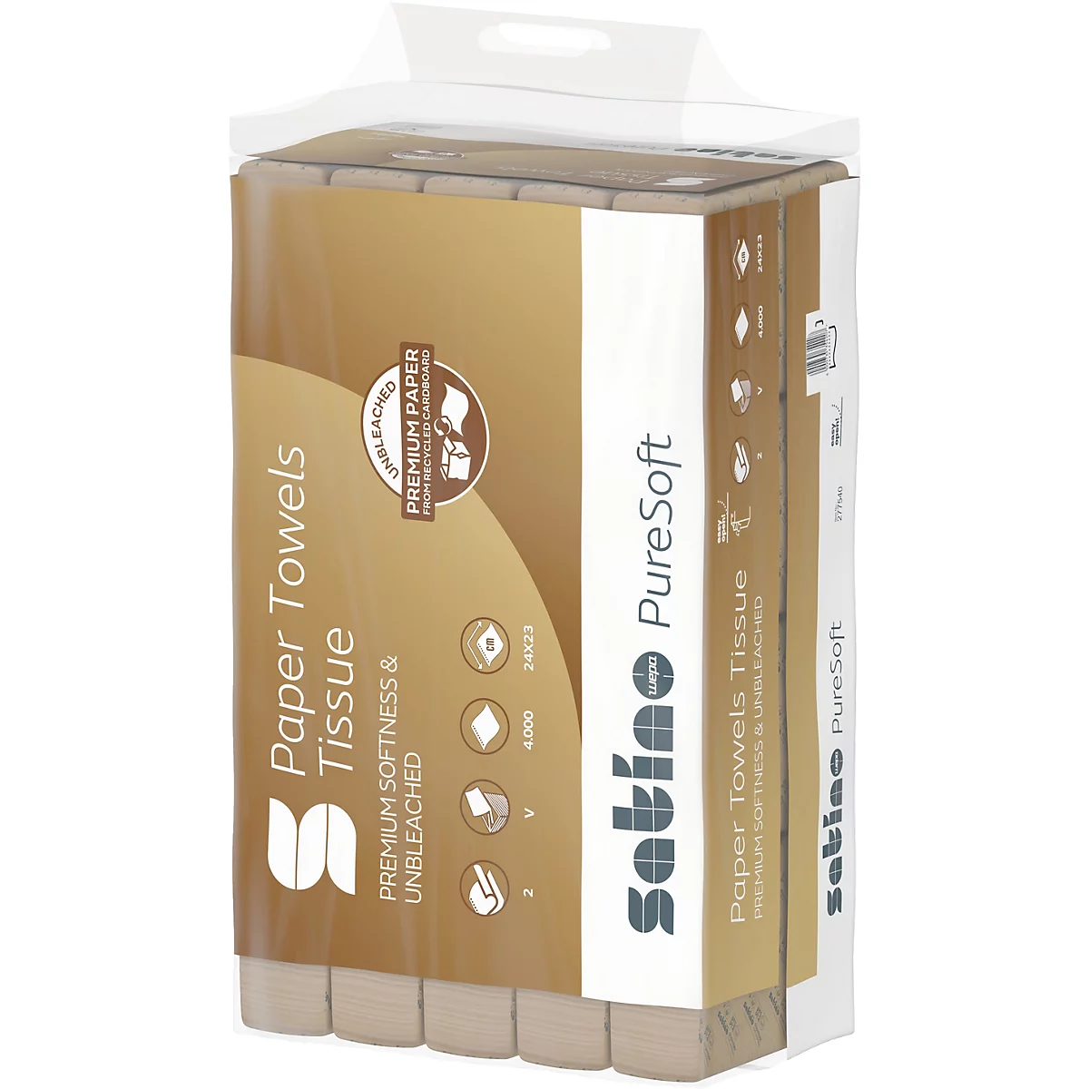 Essuie-tout dans son emballage. Papier brun, marque Satino. Produit: PureSoft Tissue. Texte: Premium Softness & Unbleached.