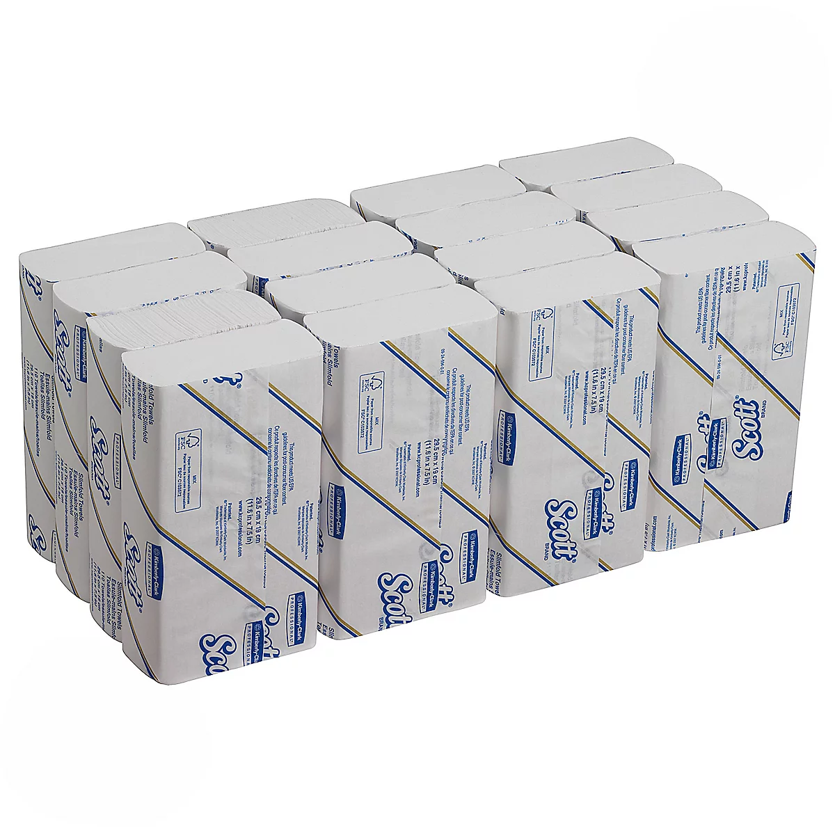 Plusieurs paquets d'essuie-mains en papier, blancs avec logo bleu et rayures diagonales. Texte : 'Scott'.