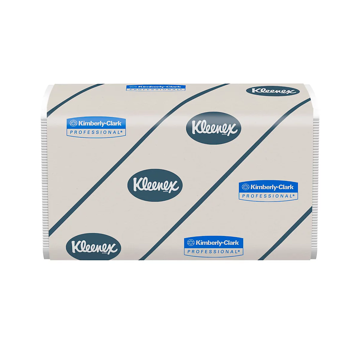 Boîte de mouchoirs Kleenex avec des lignes bleues diagonales et des logos.