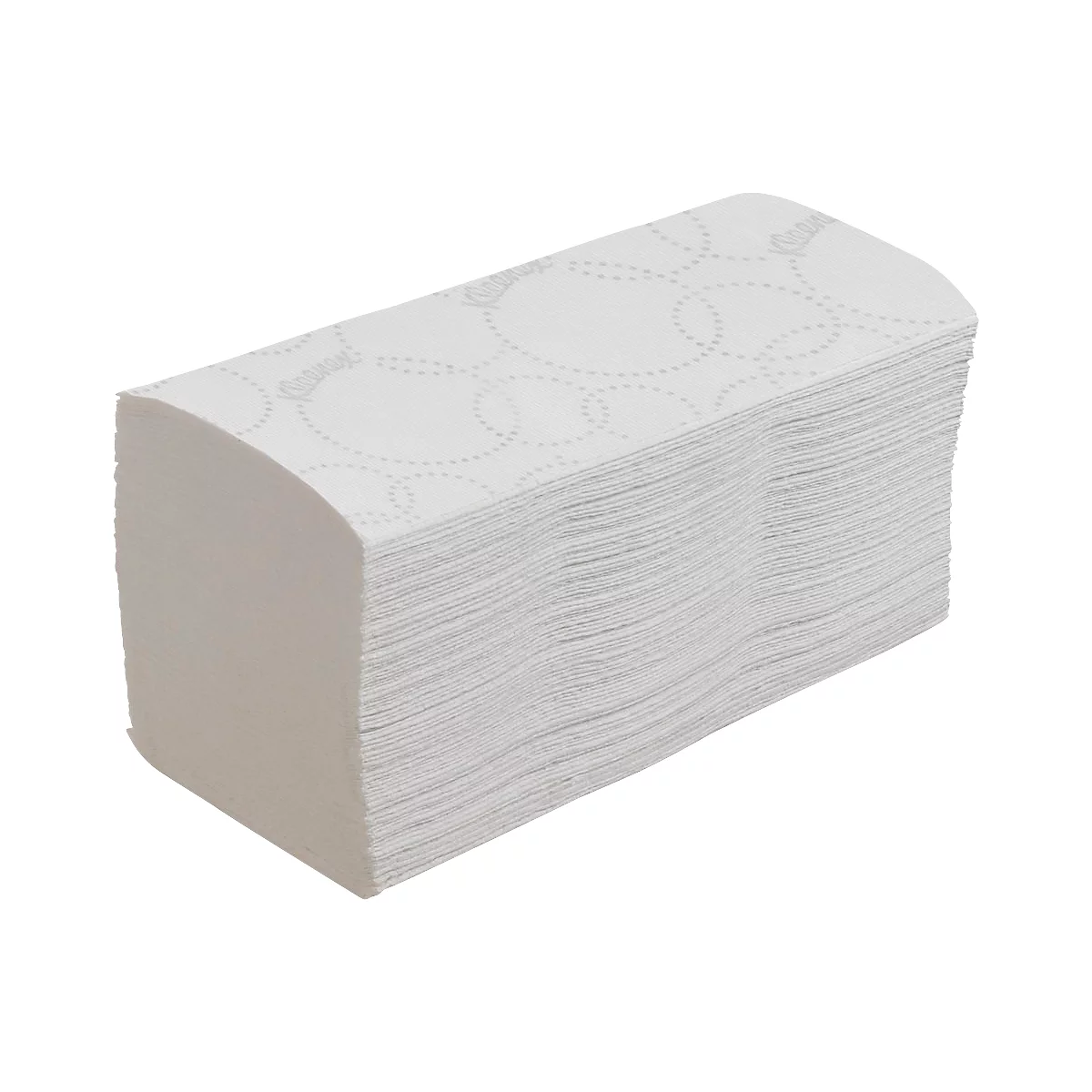 Un empilement d'essuie-mains en papier blanc pliés en Z, avec des motifs en relief sur le dessus.