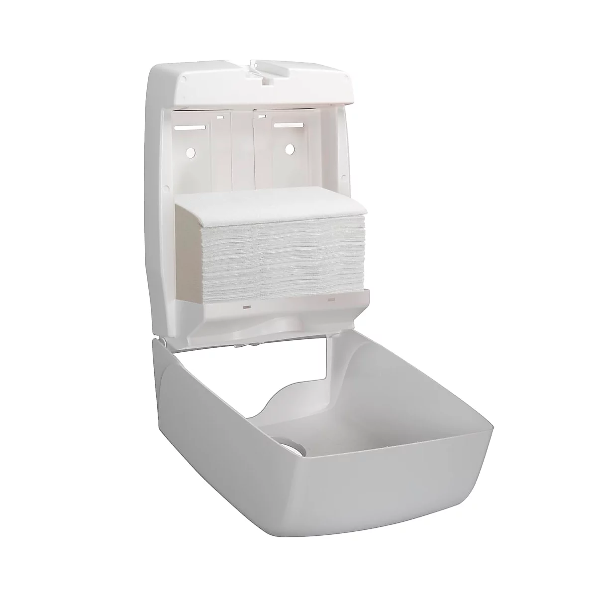 Distributeur d'essuie-mains en papier blanc, ouvert, rempli d'essuie-mains pliés. Un bac de récupération en dessous.