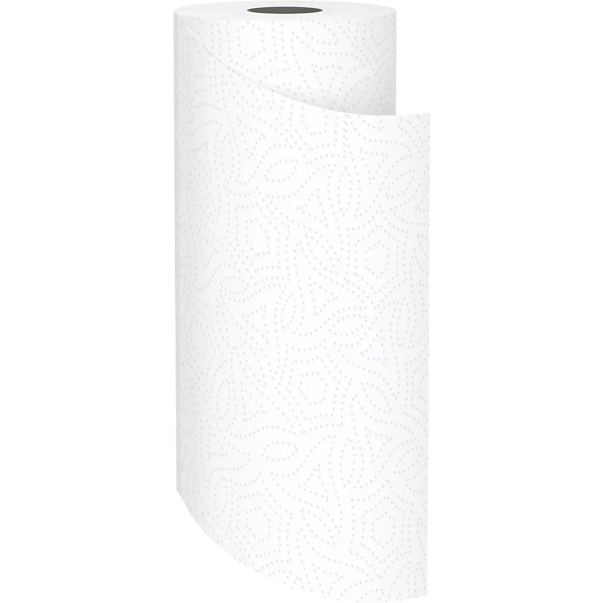 Rouleau d'essuie-tout blanc. Des motifs de petits points sont visibles sur la surface.