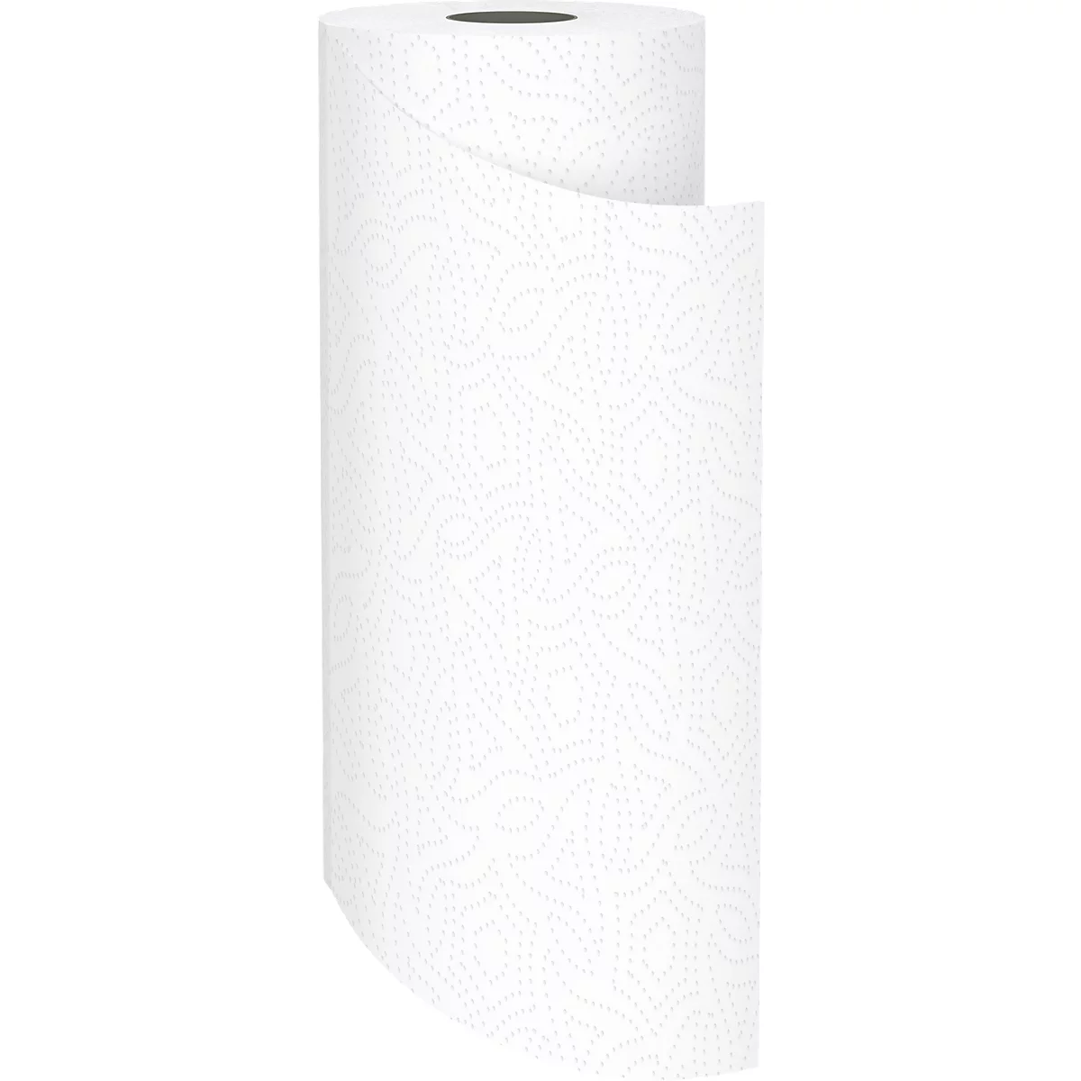 Gros plan sur un essuie-tout blanc, partiellement déroulé. La texture du papier est bien visible.