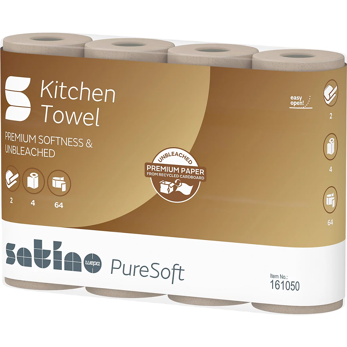 Paquet de papier essuie-tout marron, avec texte, 4 rouleaux visibles.