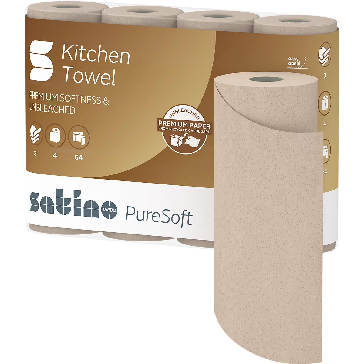 Essuie-tout non blanchi avec informations sur le produit et logo, un rouleau est au premier plan.