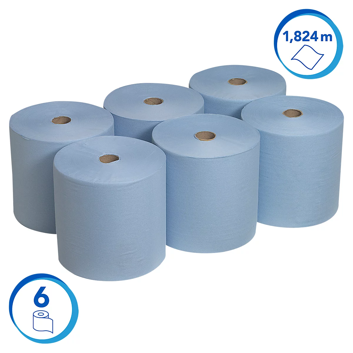 Six rouleaux de papier bleu clair, marqués de chiffres et de symboles.