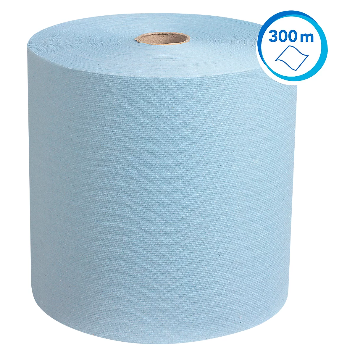 Grand rouleau de papier de nettoyage bleu clair, avec l'inscription "300 m" dans un cercle bleu.