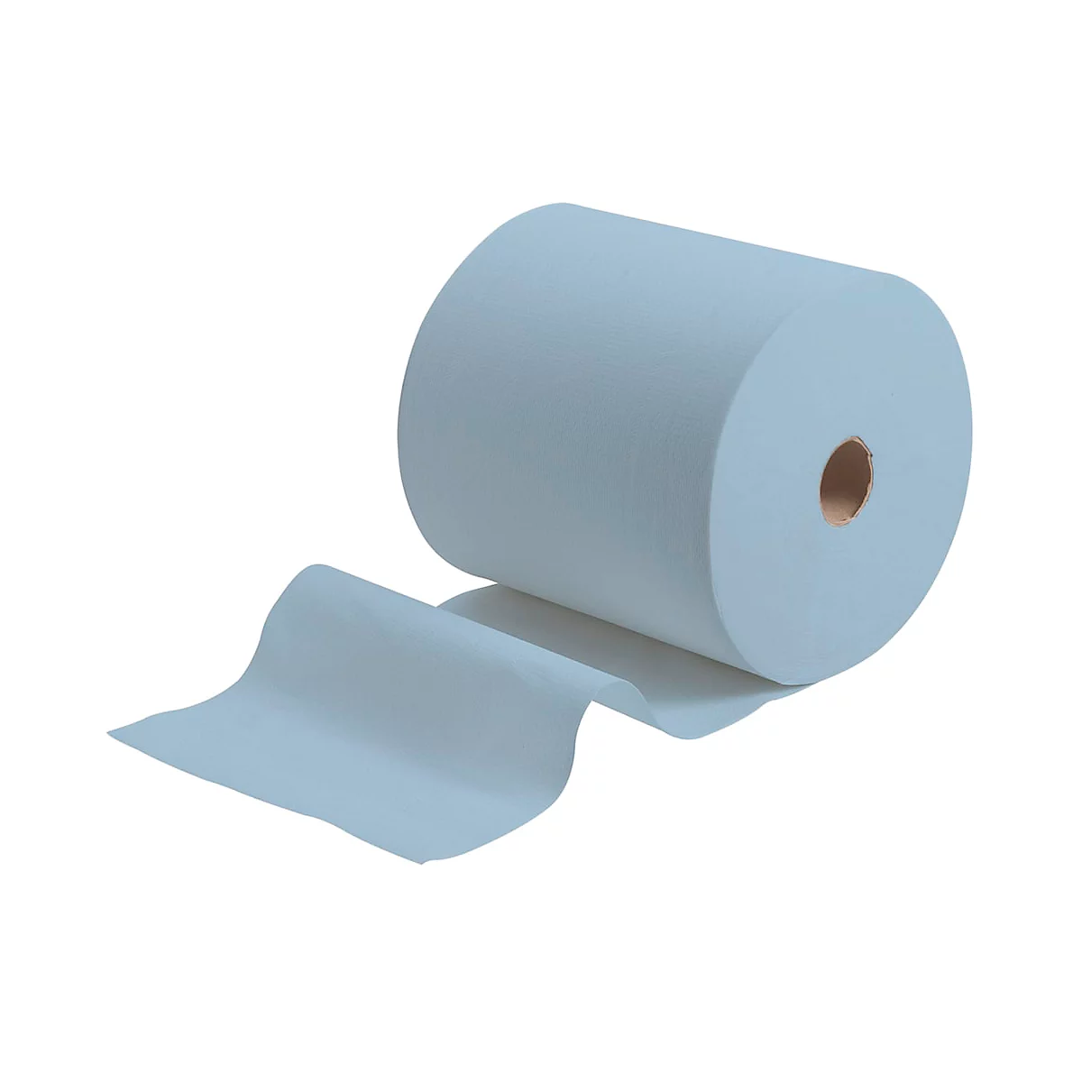 Un essuie-tout bleu clair sur un rouleau, une feuille est en cours de déroulement.