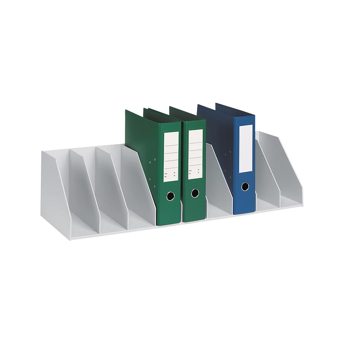 Estante blanco para documentos con carpetas verdes y azules.