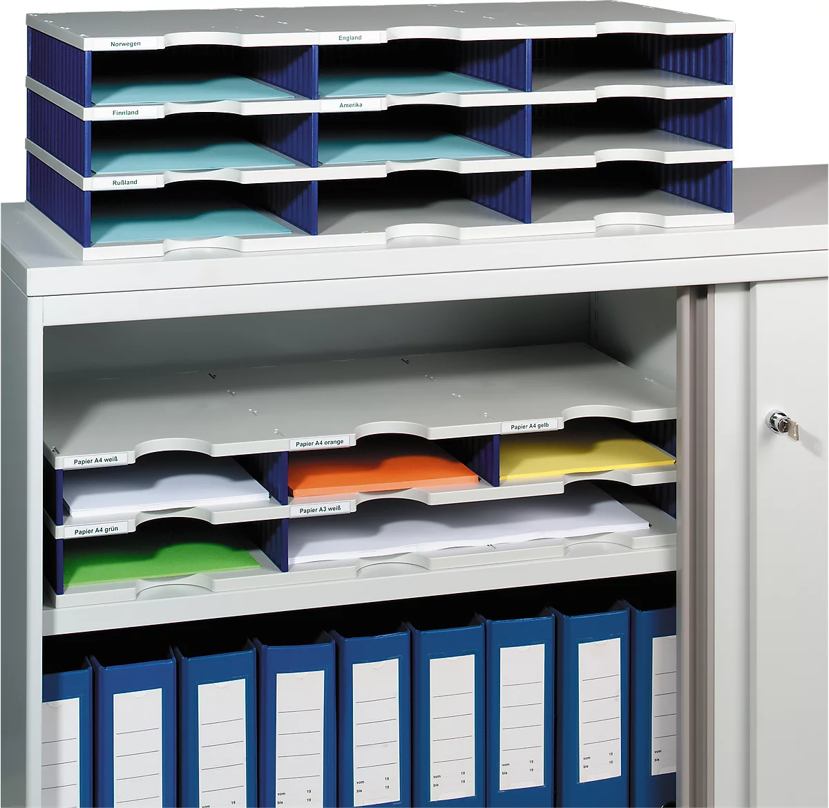 Estación de clasificación styro® Standard, DIN C4, 3 niveles / 3 filas / 9 estantes, gris/azul