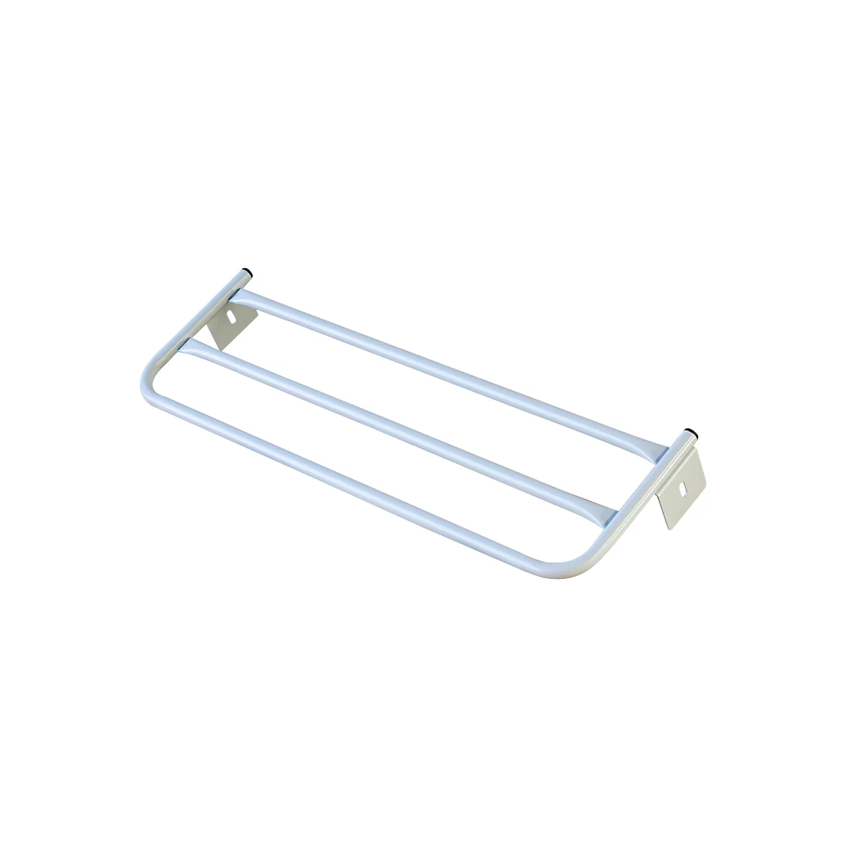 Estante de metal blanco con tres barras horizontales y dos soportes con agujeros.