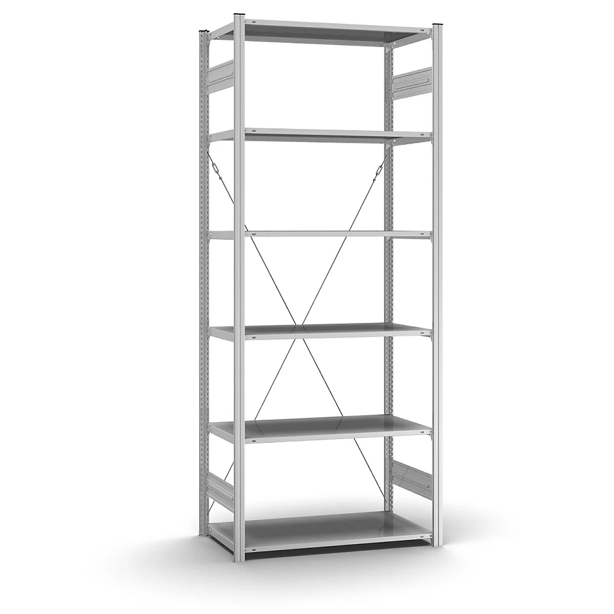 Estantería metálica gris con seis estantes, puntales diagonales y montantes verticales sobre un fondo blanco.